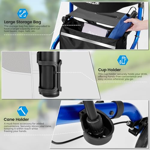 Image of PLANET WALK Super Lightweight Rollator Walker for Seniors, Foldable Rolling Walker with Seat and 8 inch Rubber Wheels for All Terrain, Upgraded Height Adjustment Button with Cup Holder, Blue