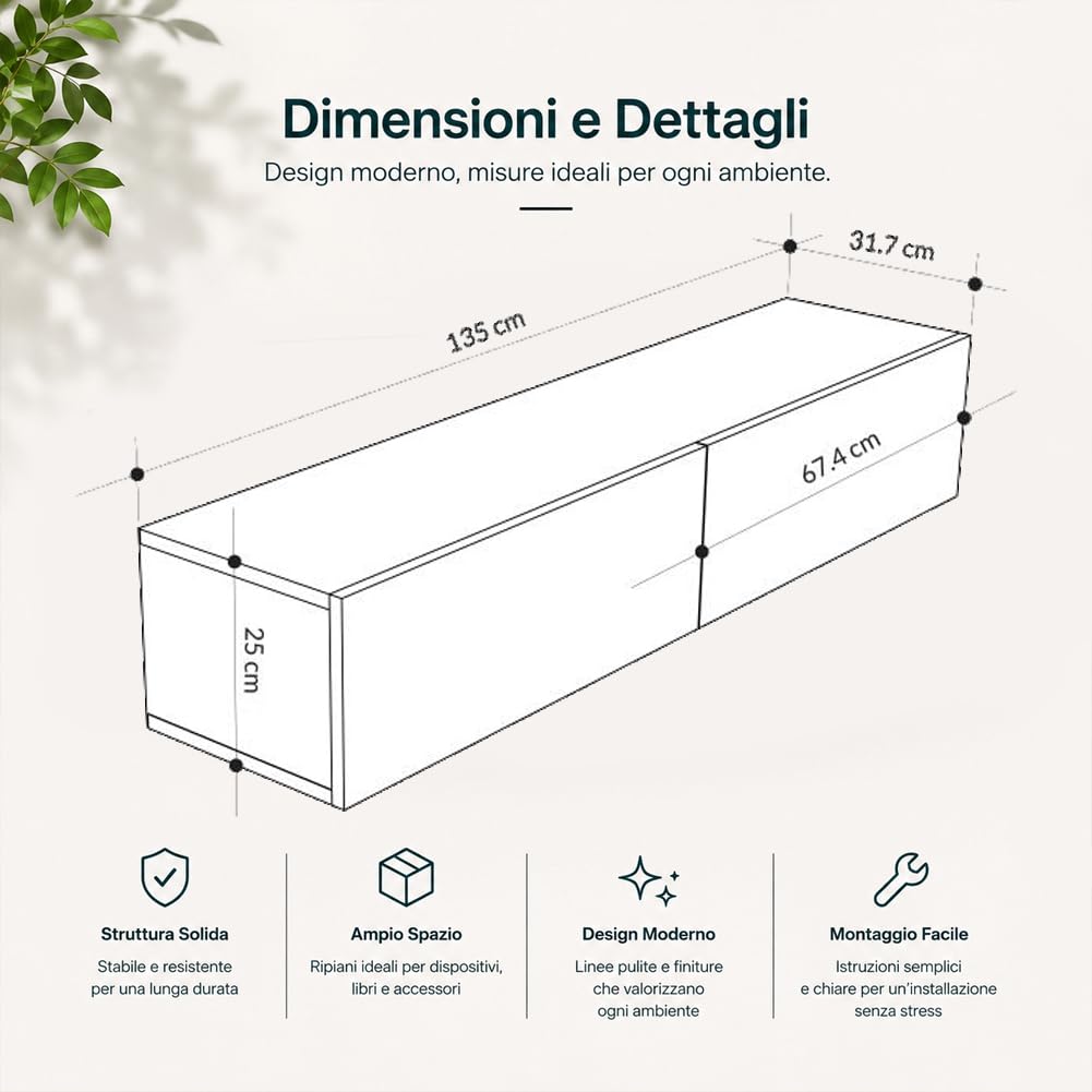 Shally Dogan Mobile Porta Tv Sospeso Design Moderno, Mobiletto da Parete per Soggiorno con Doppio Cassetto, Struttura Resistente, Ideale per Casa e Ufficio, 135 x 31.5 x 25 cm (Bianco)