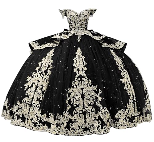 XYAYE Off Shoulder Quinceanera Dresses with Bow Puffy Tulle Sweet 15 16 Dresses Gorgeous Gold Applique Beaded Ball Gown