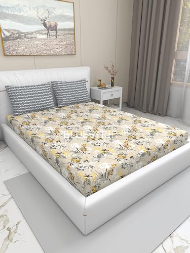 Image of Blue Strip 300 TC Cotton Feel Glace Cotton Elastic Fitted Printed Queen Size Double Bed Bedsheet with 2 Pillow Covers Fits Upto 8 inches,Size- 60x78x8 Inches