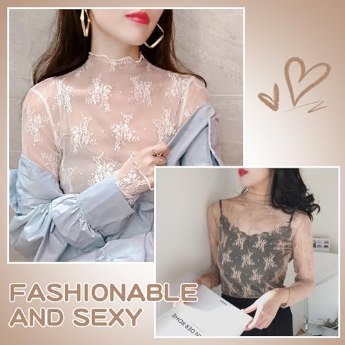 DEARBAG Blusa Transparente de Manga Larga, Diseño Brillante, Sexy, Elegante, Talla Única, Beige