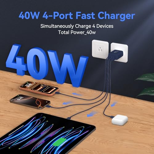 Image of USB C Wall Fast Charger Block, 40W 4-Port Type C Charger Fast Charging Blocks PD Power Charger Adapter+QC 3.0 USB Multiport Charger Brick for Phone 17 /16 /15 /14 /13 /12 Pro Max, Pad, GalaxyS25-Deep Blue
