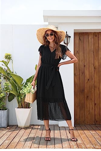 Image of VintageClothing Womens Sundress Casual Floral Summer Boho Dress | Flowy Wrap V Neck Ruffle A-Line Pleated Hem Midi Dresses