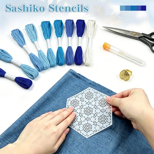 Kit de bordado sashiko con 18 plantillas y 12 hilos de algodón miniatura 5