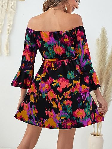 Image of Off Shoulder Ruffle Dress for Women, A-Line Mini Dress with Belt, Fitted Bust Summer Wedding Guest Dress