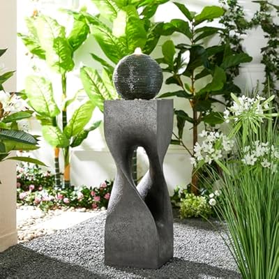 Glitzhome Modern Geometric Outdoor Water Fountain with LED Light, Oversized Pedestal Water Fountains with Submersible Pump, Sphere Floor Standing Fountain with Pebbles for Garden Patio Decor, 40.5”H