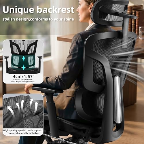 Image of Ergonomic Office Chair with Footrest 4-Level Adjustable Lumbar Suppor | Big and Tall Office Chair t - 155 Tilt Lock and Wide Cushion - 3D Headrest & Armrests, High Back Home Desk Chair