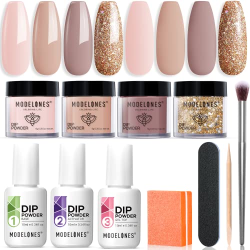 Modelones 11 Pcs Dip Powder Nail Kit Starter 4 Colors Nude Skin Tones Gold Glitter Neutral Acrylic Dipping Powder Liquid Set with Base Coat&Top Coat Activator for French Nail Art Manicure DIY Salon Gift Set