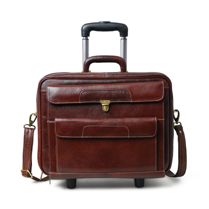 Wanderer Leather Trolly Suitcase Bag | Genuine Leather Cabin Luggage Bag with 2 Wheels | Telescopic Handle with Detachable Shoulder Strap | Travel and Business Carry-On Bag-image-2