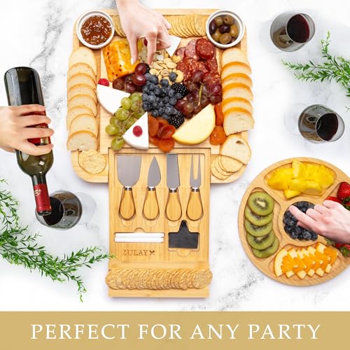 Image of Zulay Kitchen Premium Bamboo Charcuterie Board - Extra Thick Bamboo Board with 4 Piece Knife Set - Perfect for Charcuterie, Wine and Cheese