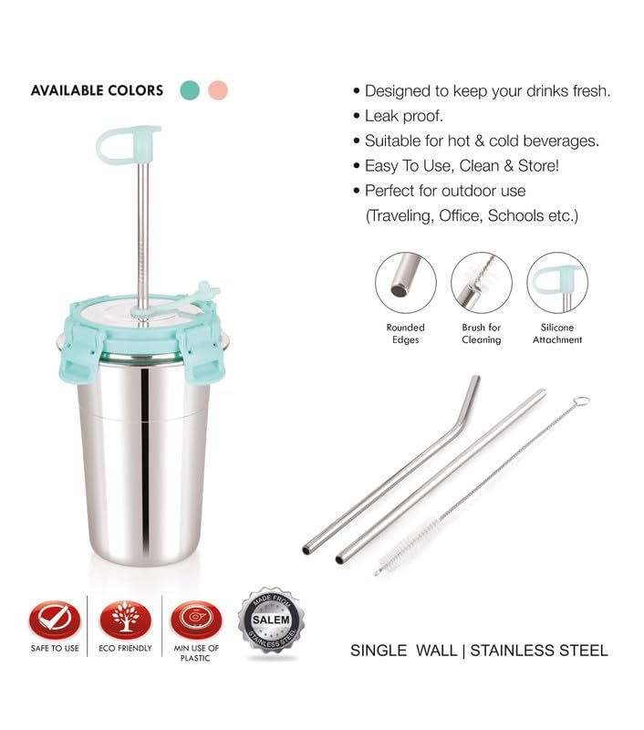 Image of Stainless Steel Fusion Glass Tumbler with Stainless Steel Metal Straws and Cleaning Brush with Steel Lid (SIP Easy (2) 400ML)