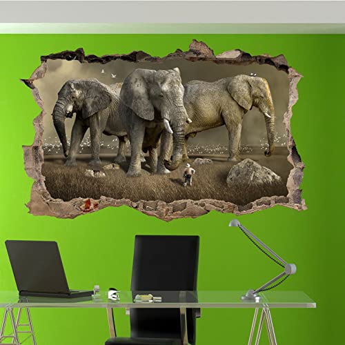 Elephant 3D Smashed Wall Effect Animal Wall Stickers Art Removable Abstract Landscape Vinyl Wall Decal For Kids Boys Girls Nursery Home Bedroom Wall Décor 47"W X 31"H #TOP1