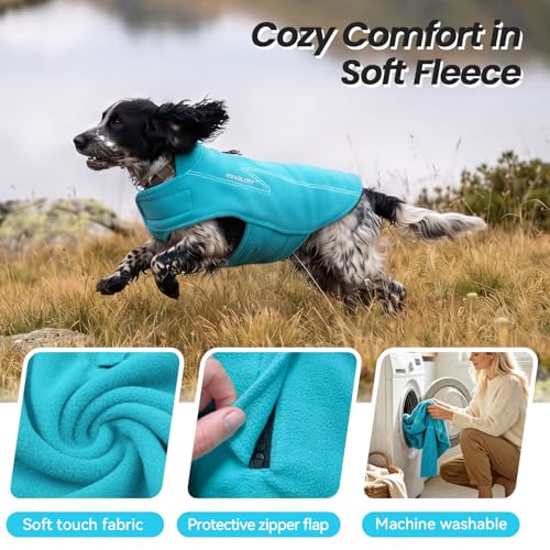 VIVAGLORY Cozywrap Wintermantel Hund, Hundejacke mit Geschirr Öffnung, Fleecejacke Hund Hundejacke, Reflektierend & Verstellbar Fleece Softshell, M, Türkis