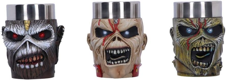 Iron Maiden Eddie Shot Glass Set, 9cm, Resin w. Stainless Steel, Multi Coloured, Officially Licensed Iron Maiden Merchandise, Eddie Shot Cup Set, Cast in Resin, Stainless Steel Insert