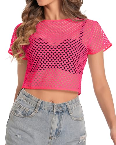 Image of Womens Sheer Mesh Top Fishnet T Shirts Short Sleeve See Through Casual Crop Tops