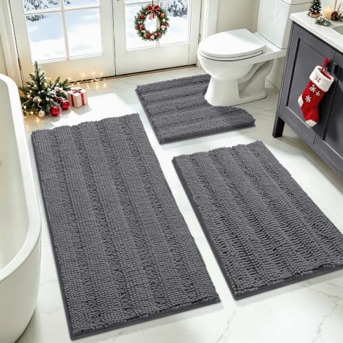 ACCUMTEK Striped Grey Bathroom Rug Set 3 Pieces Gray Ultra Soft, Non Slip Chenille Toilet Mat, Absorbent Plush Shaggy Bath Mats for Bathroom, Bedroom, Kitchen, Charcoal by ACCUMTEK - Used condition - US$30.05