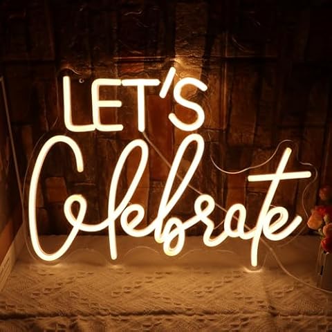 whungfa Let's Celebrate Neon Sign for Wall Decor USB Powered Dimmable Letter Warm White Led Light Up Signs for Bedroom Men Cave Home Bar Salon Wedding Decor Birthday Xmas Gifts for Kids Cover