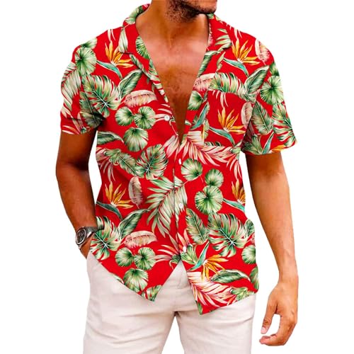 KYKU Classic Hawaiian Print Shirts for Men Short Sleeve Floral Shirt Red
