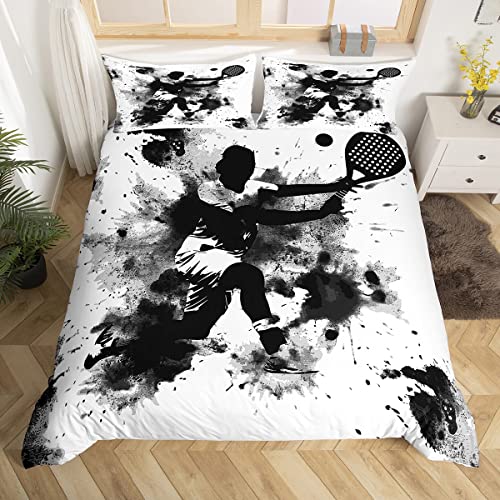 Tennis Bettwäsche Set 135x200cm SportThema Schwarz Weiß Aquarell Betten Set für Kinder Jungen Mädchen Teenager Sportler Wettkampf Tie Dye Bettbezug Set atmungsaktives Raumdekor Cover