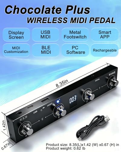 Image of M-VAVE Chocolate Plus Wireless MIDI Foot Controller, Bluetooth MIDI Footswitch with 4 Buttons, Rechargeable, APP Control for Page Turner, DAW, Loop Pedal, Guitar Effects (Black)