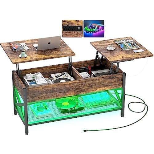 Aheaplus Coffee Table with LED Light and Power Outlet, Modern Lift-Top Center Table with Storage Shelf, for Living Room with Lift Tabletop, X Support Metal Frame, Rustic Brown