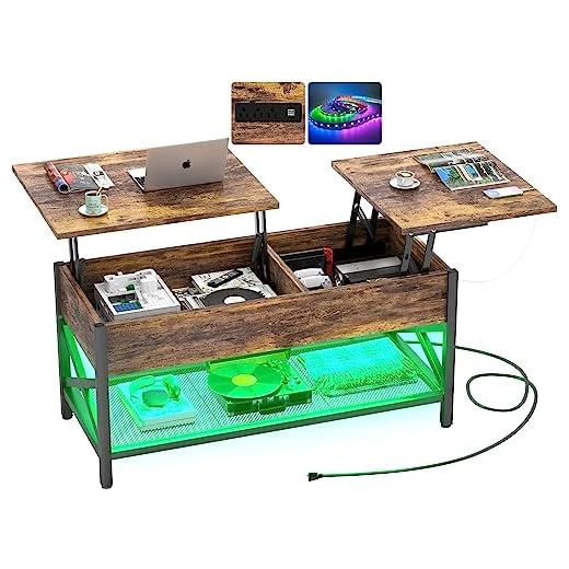 Aheaplus Coffee Table, Lift Top Coffee Table with LED Light and Power Outlet, Modern Lift-Top Center Table with Storage Shelf, for Living Room with Lift Tabletop, X Support Metal Frame, Rustic Brown
