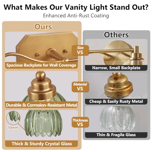 Image of Vintage Gold Vanity Lights, 2-Light Green Tulip, Antique Brass Finish | Brushed Gold Bathroom Light Fixtures, Crystal Wall Sconce Ideal for Bedroom, Living Room, E26 Compatible, Easy Install