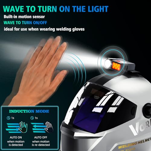 Image of Large View True Color Auto Darkening Welding Helmet with LED Light - Solar Powered, 4 Arc Sensors, 1 /1 /1 /1 Optical Clarity, Wide Shade 4 /5-13 for TIG MIG ARC Grind