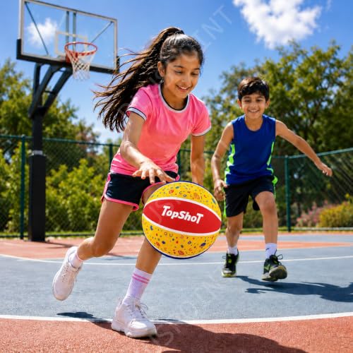 Image of PLUSPOINT Basketball for Kids with Air Pump | Colorful Printed Rubber Basketball for Indoor & Outdoor Play | Training Sports Ball for Boys & Girls | Easy Grip Recreational Basket Ball