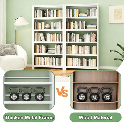Image of 69 inch Tall Bookshelf, Industrial Bookcase, Easy Assembly, White | Heavy Duty Metal, 5 Tier Display Storage Shelves, For Home Office, Living Room, Study
