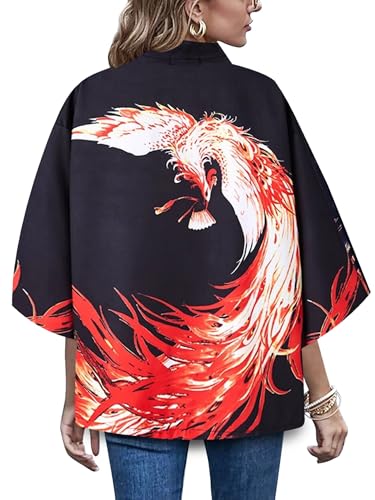 Image of LAI MENG FIVE CATS Women's Floral Print Loose Blouse Japanese Kimono Tops | Puff Sleeve,Cover up Top,Casual Cute Tops,Summer Cardigans 2026