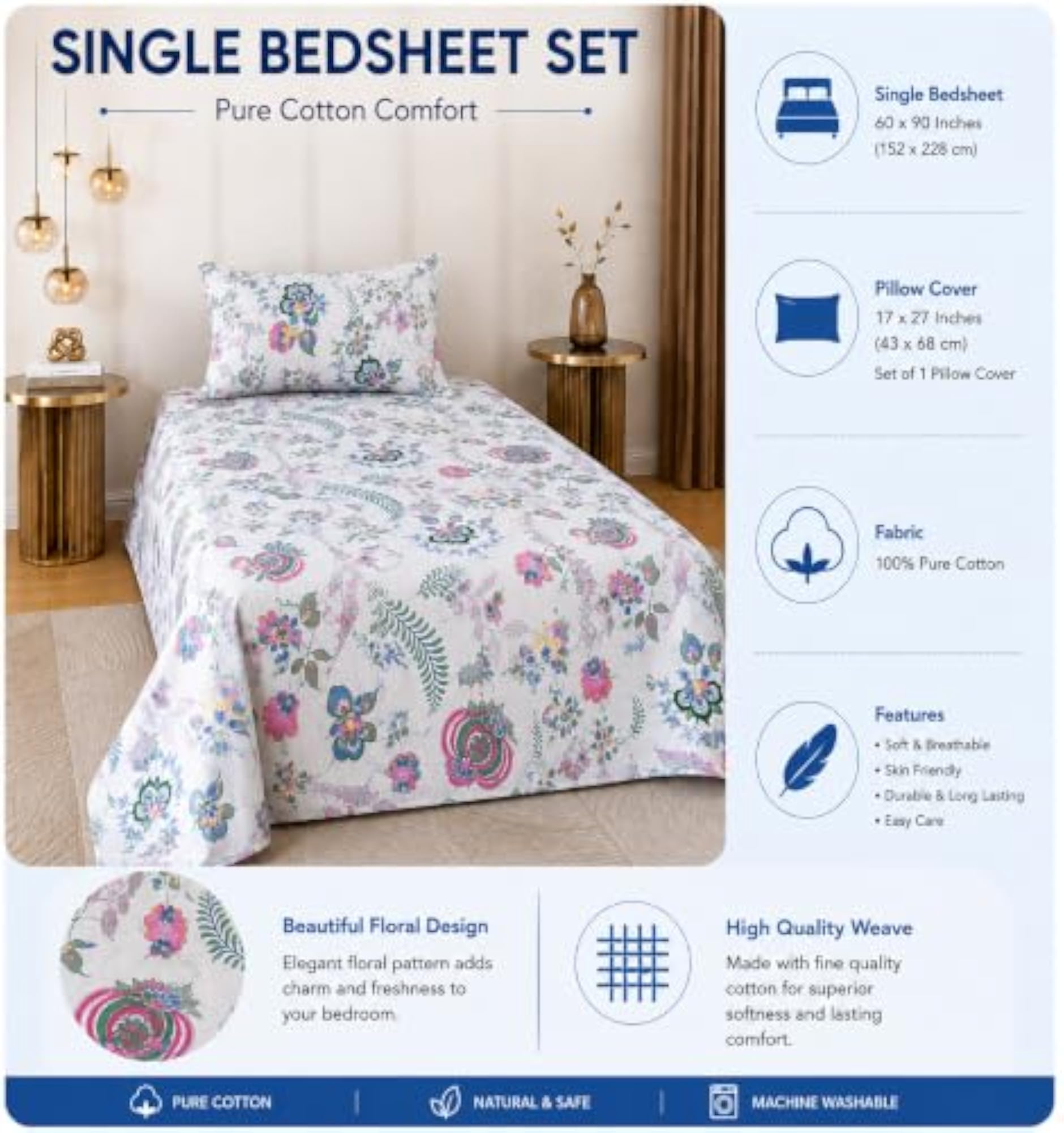 Premium Cotton Single Bedsheet with Pillow Cover