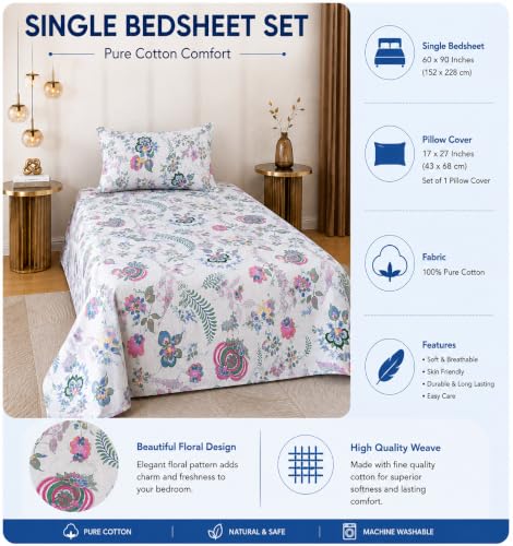Image of RRC Floral Printed Bedsheet for Single Bed with Pillow Cover,60X90 Inches Single Bed Sheet, Elegant Bedroom Bedding, Comfortable Home Bedsheet, Pillow Cover Size 17 x 27 Inches