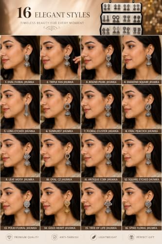 Image of Mirakii Jewels 16 jhumka Earrings with premium box Earrings Combo for Women & Girls | Traditional Oxidized Silver & Gold Plated Ethnic Earring Set | Multi-Design Jhumki Collection with Premium Gift Box | 16 pair jhumka box