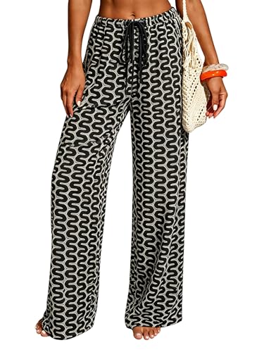 Image of ZAFUL Womens Beach Cover Up Pants Sexy Crochet Drawstring Elastic Boho Swimsuit Cover Up Long Pants Beach Wear