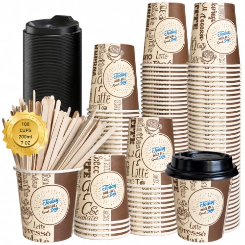 100 vaso cafe para llevar. Vasos Desechables Café de 200 ml (7 Oz) Vasos café desechables con Tapas y Paletinas. Vasos Cartón para Café,Té, Agua, Bebidas Calientes y Frías (blanco 100)