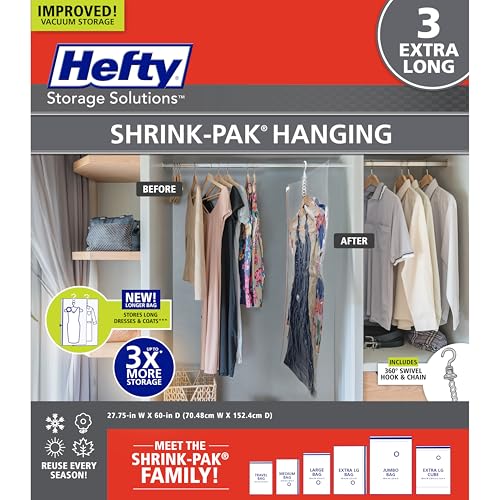 Hefty Hanging Compression Bags 3 Extra Long Vacuum Garment Storage Bags for Clothes, Travel, Closet...