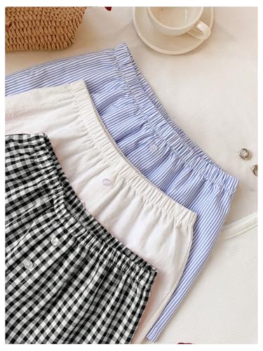 Image of MakeMeChic Women's 3 Pack Linen Shorts Gingham Striped Beach Shorts | Summer, Plaid, Cover Up Shorts