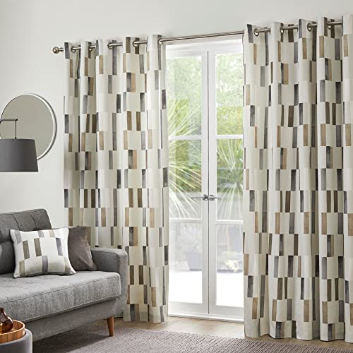 Fusion Natural Geometric Tile Curtains W46 x L72 (117x183cm), 2 Panels, 100% Cotton Eyelet Drapes, Vertical Rectangle Pattern