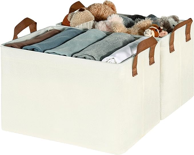 GGEROUFabric Baskets Foldable Storage Bin,Canvas Storage Baskets with Metal Frame, Closet Baskets and Bins with Handles, Sturdy Foldable Storage Boxes for Organizing Clothing, Sheets, (2 PCS Beige)