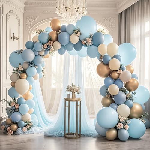 Image of Dusty Blue Metallic Champagne Gold Balloon Set 12 Inches,70 Pcs Blue White Metallic Champagne Gold Latex Balloons,Baby Blue Gold Party Balloons for Birthday