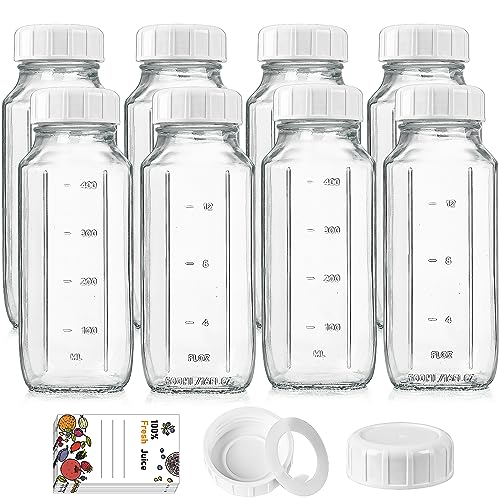 Image of 8 Pack 16 Oz Reusable Glass Milk Bottles w 100% Airtight Heavy Duty SCREW Lid w Silicone Gasket - Glass Juice Bottles w Capacity Mark - Glass Beverage Drinking Jar Juice Container(Extra 2 Lid)