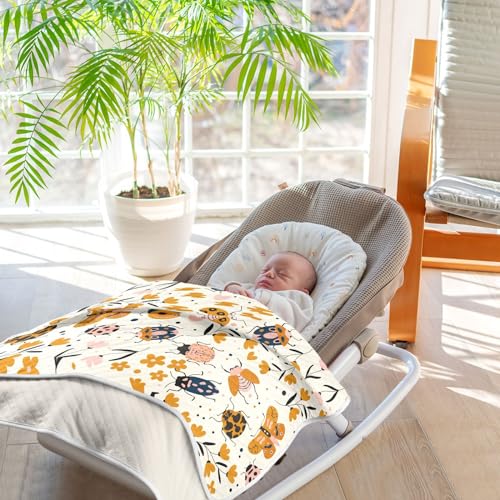 Image of Insects Bugs Beetles Cute Baby Swaddle Blanket for Boys Girls, Butterfly Ladybug Maple Leaves Muslin Baby Receiving Swaddle Blanket, Soft Cotton Nursery Swaddling Blankets for Newborn Toddler