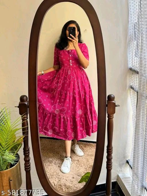 Image of Women's Rayon A-Line Midi Dress, Floral Print, Short Sleeves, Tiered Design, Round Neck, Summer Wear