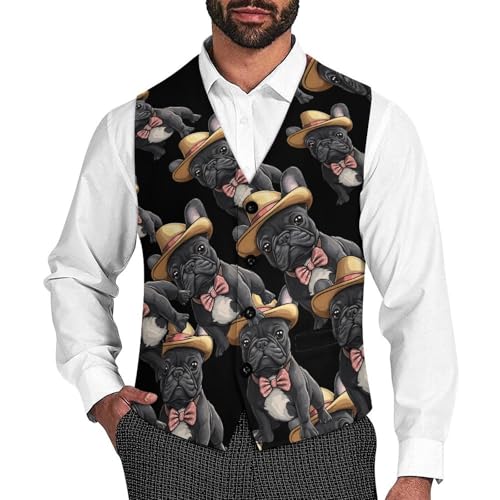 French Bulldog Dog with Hat Men's Suit Vests Dress Vest V-Neck Waistcoat Slim Business Formal with Pocket
