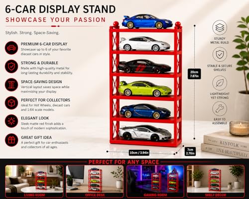 Image of 6-Car Display Rack - Premium Matte Black Tabletop Organizer with Tire Slots & Side Guards for 1:64 Scale Diecast Cars (Hot Wheels, Matchbox, Tomica,)(NO CAR INCLUDED) (Red)