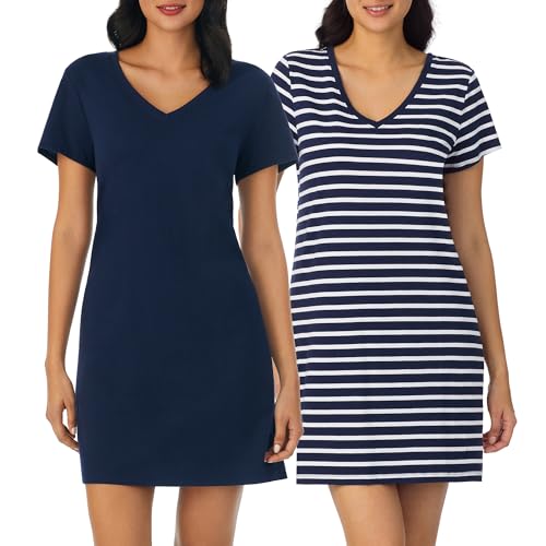 Image of Nautica Womens Sleep Shirt Dress - Cotton Knit Jersey V-Neck Pajama Top - Lightweight & Breathable Sleepwear Loungewear
