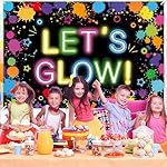 Glow Neon Party Backdrop Let's Glow Banner Photography Background 5.9x3.9Ft Graffiti Splatter Paint Photo Booth Props Glows in The Dark Party Decorations for Neon Birthday Black Light Parties Decor - Image 4