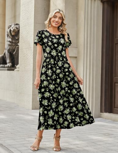 Image of Zeagoo Summer Dresses for Women 2026 Maxi Bohemian Floral Short Sleeve Long Dress Casual Flowy Tired Beach Sundress