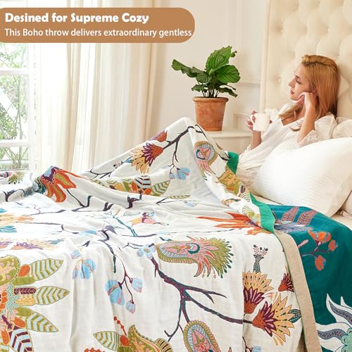 Boho Throw Blanket, 100% Organic Cotton Breathable Skin-Friendly Ultra Soft Bed Quilt Throw - All Season Floral Bird Farmhouse Décor Luxury Blanket for Sofa Couch Chair and Gift. 60" x 80"
